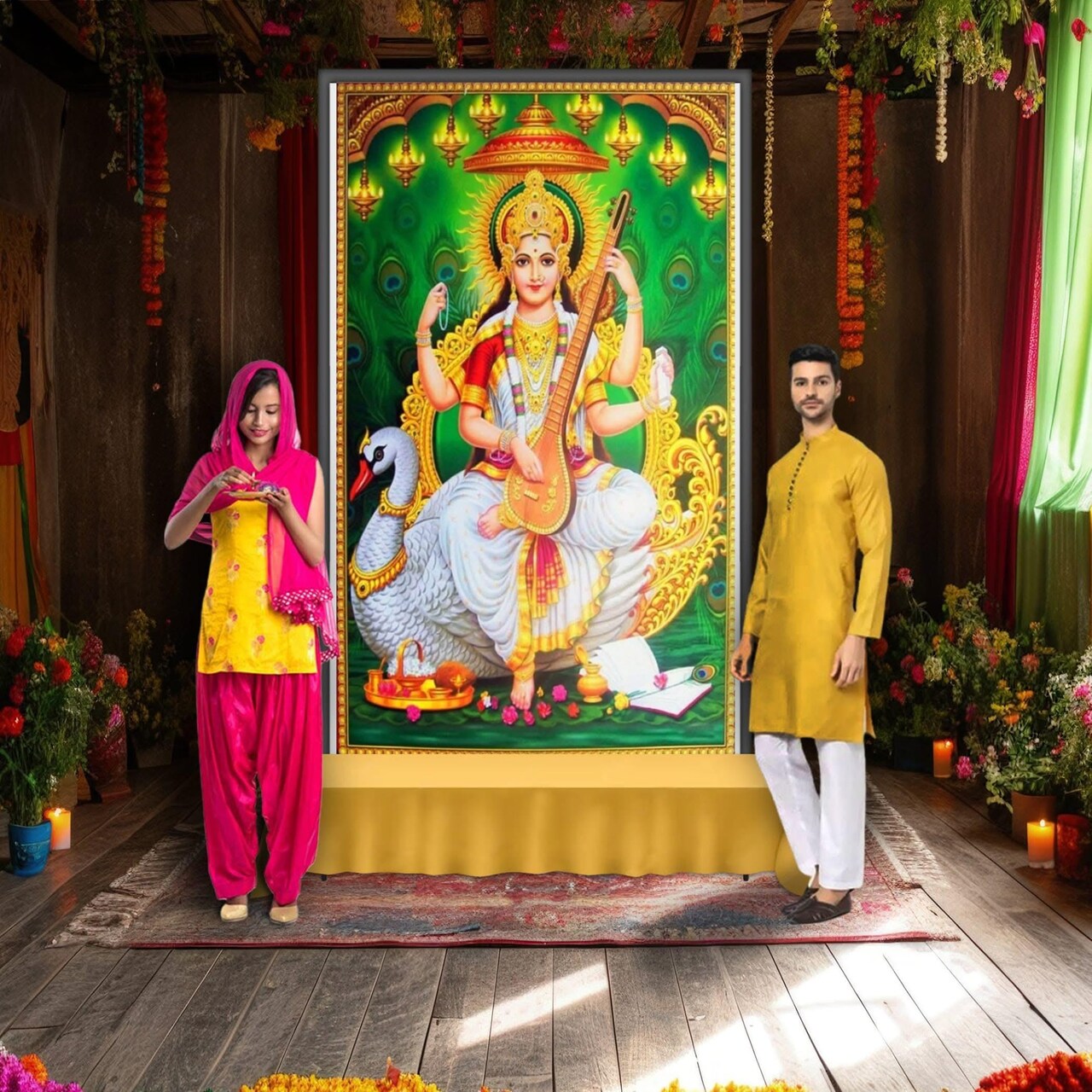 Hindu Goddess God Saraswati Backdrop Poster 5x8 Diwali Banner Photo Background Wall Art Home Room Decor Indian Backdrop Decorations Pooja Style Gift for Hindu Basant Panchami